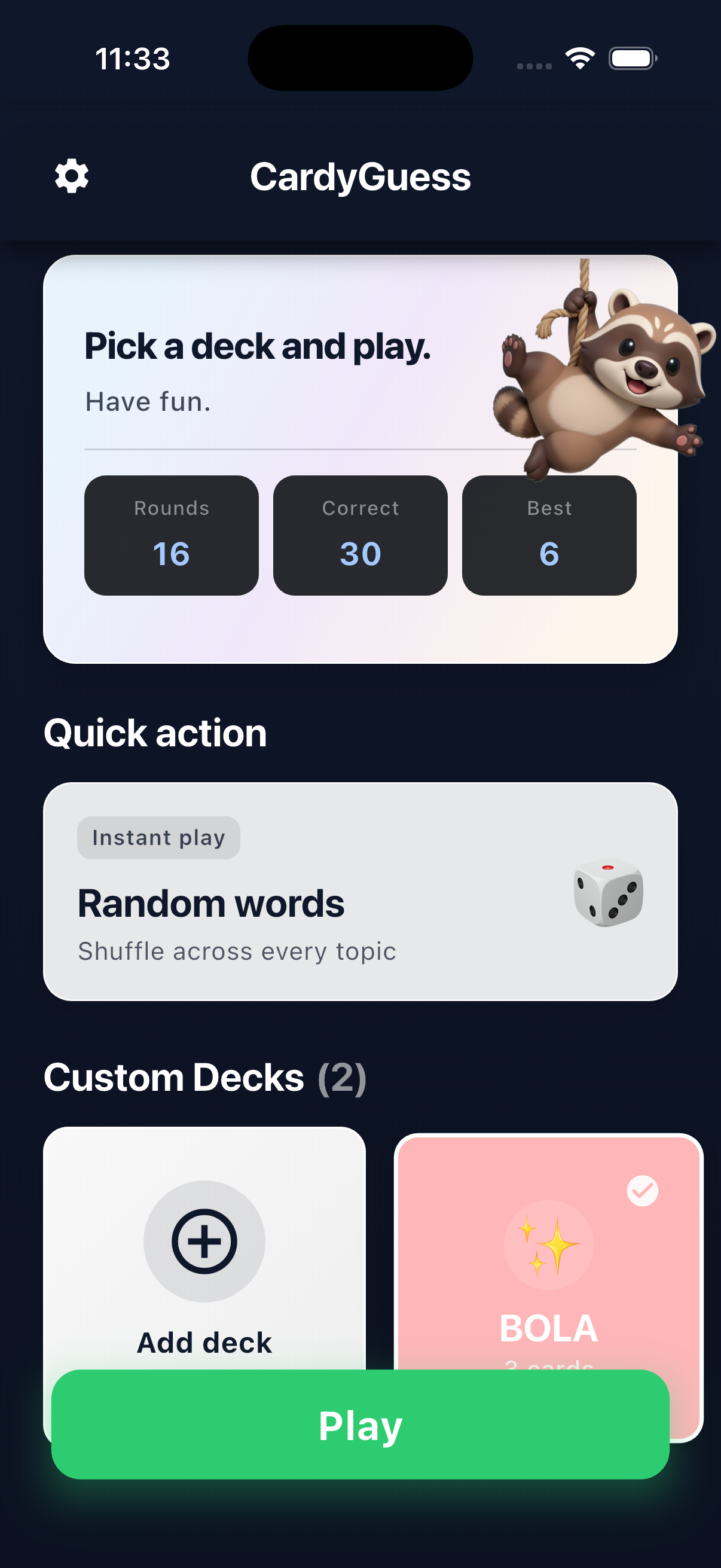 CardyGuess game screen